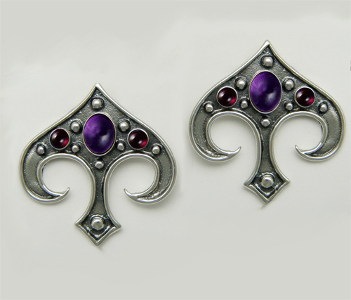 Sterling Silver Gothic Inspired Drop Dangle Earrings With Amethyst And Garnet